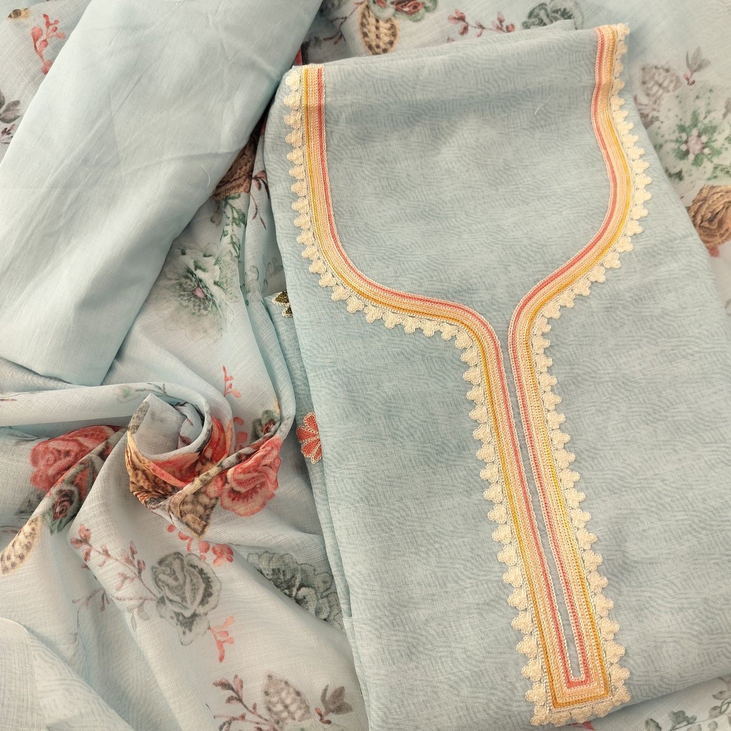 Elegant Off-White Beige Pure Kota Silk Suit with Patola Border & Cambric Bottom