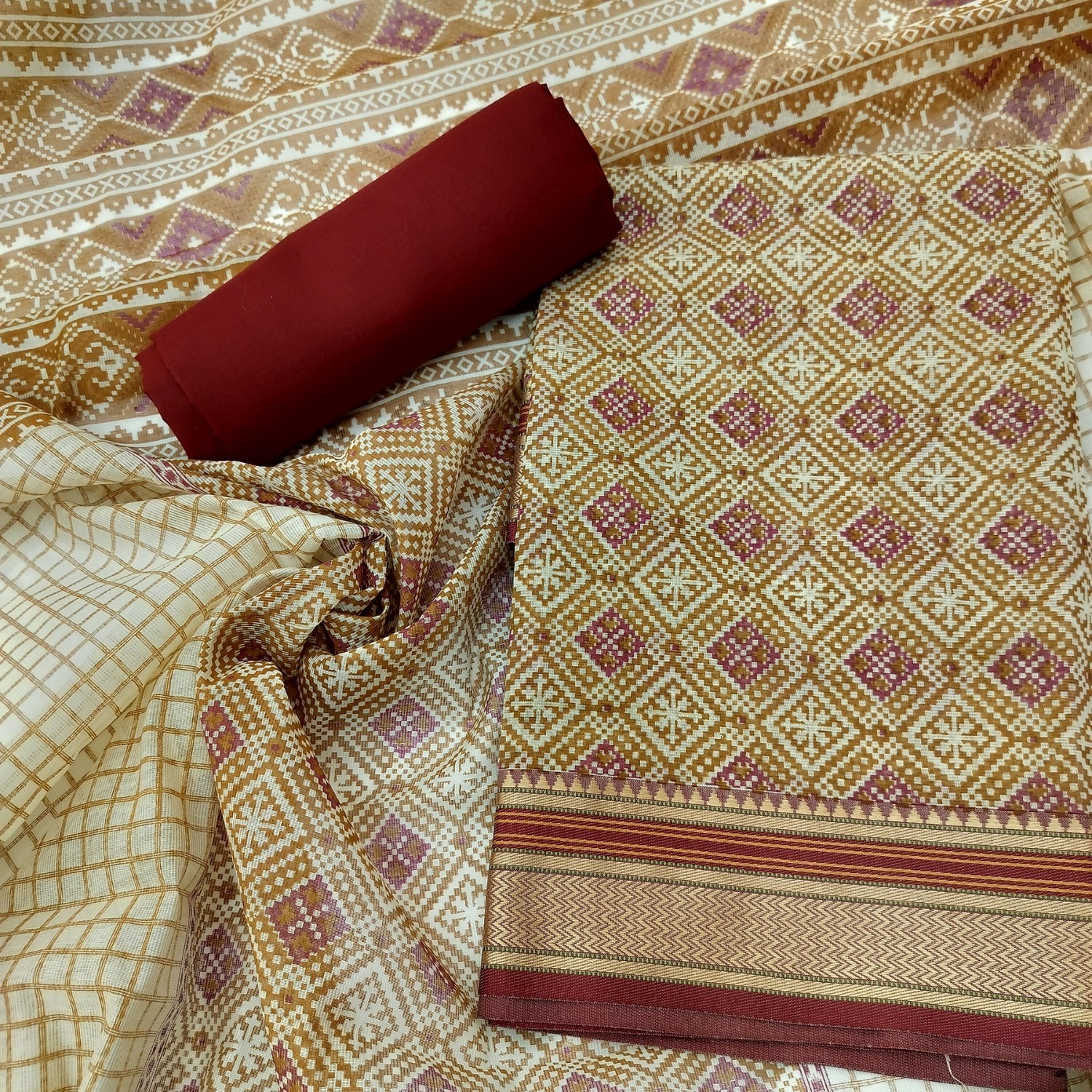 Graceful Pure Kota Silk Suit with Patola Border and Mehroon Cambric Bottom