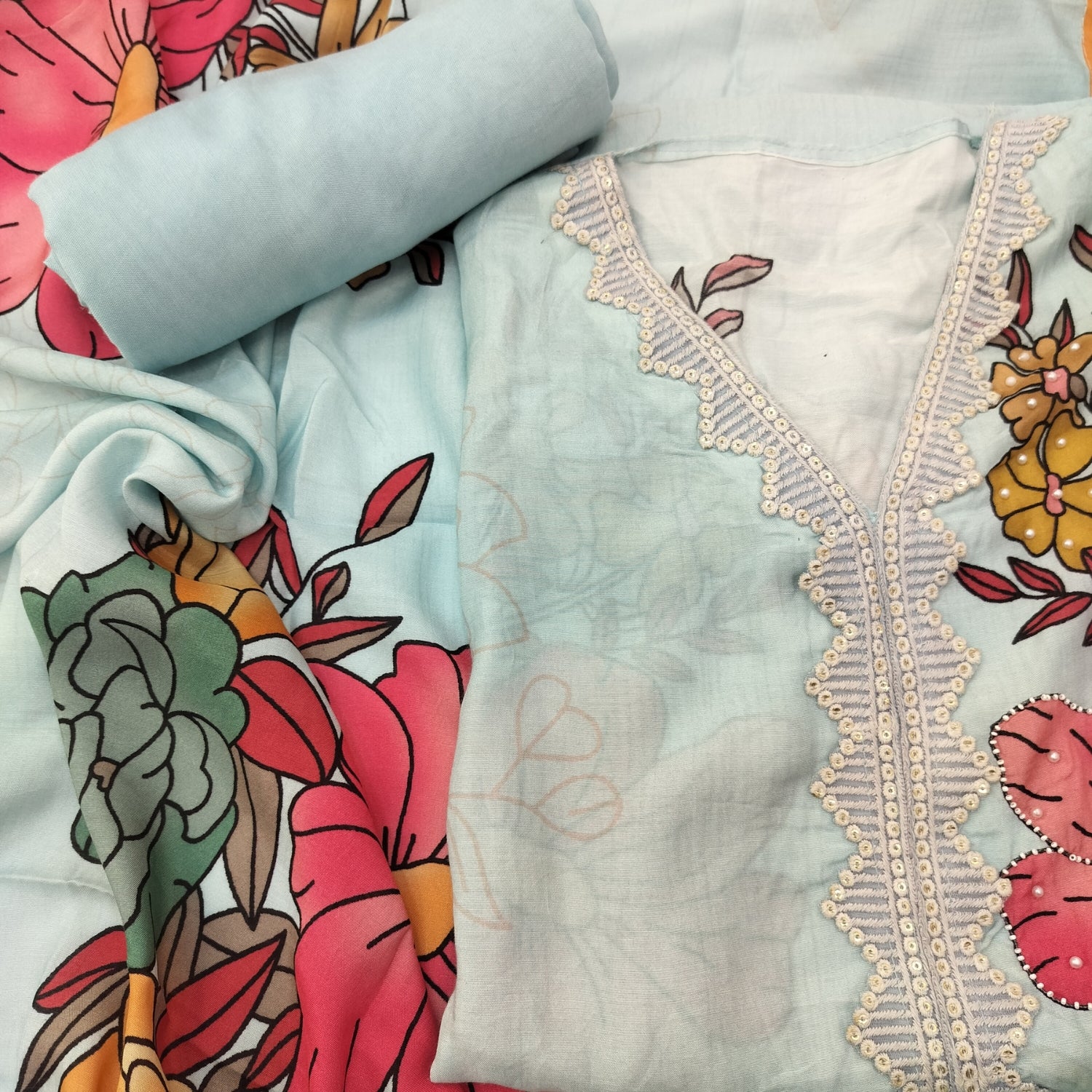 Elegant Pure Muslin Suit with Digital Print & Pearl Highlights