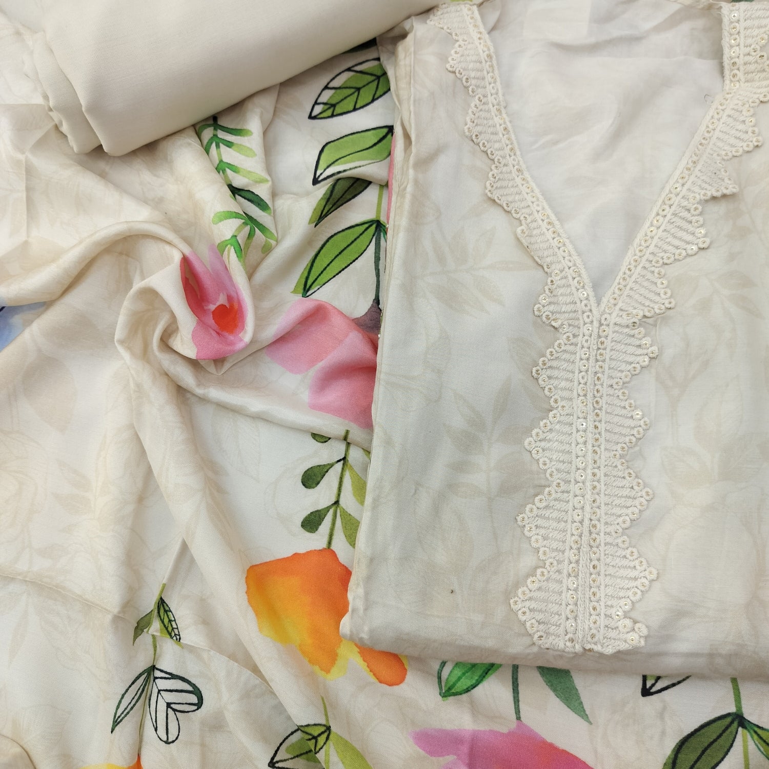 Elegant Pure Muslin Suit with Digital Print & Pearl Highlights