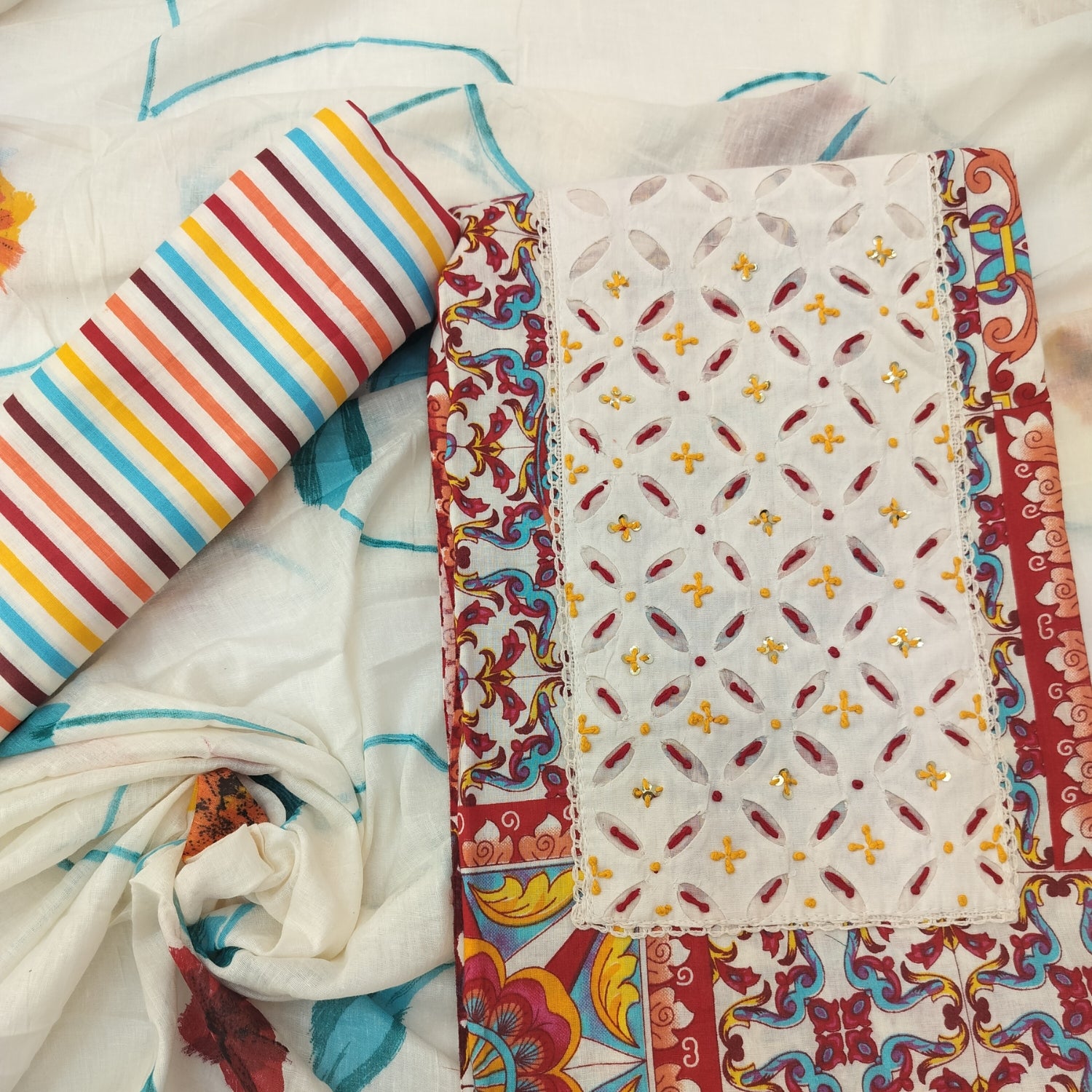 Elegant Pure Cotton Suit with Applique & Thread Work Neckline