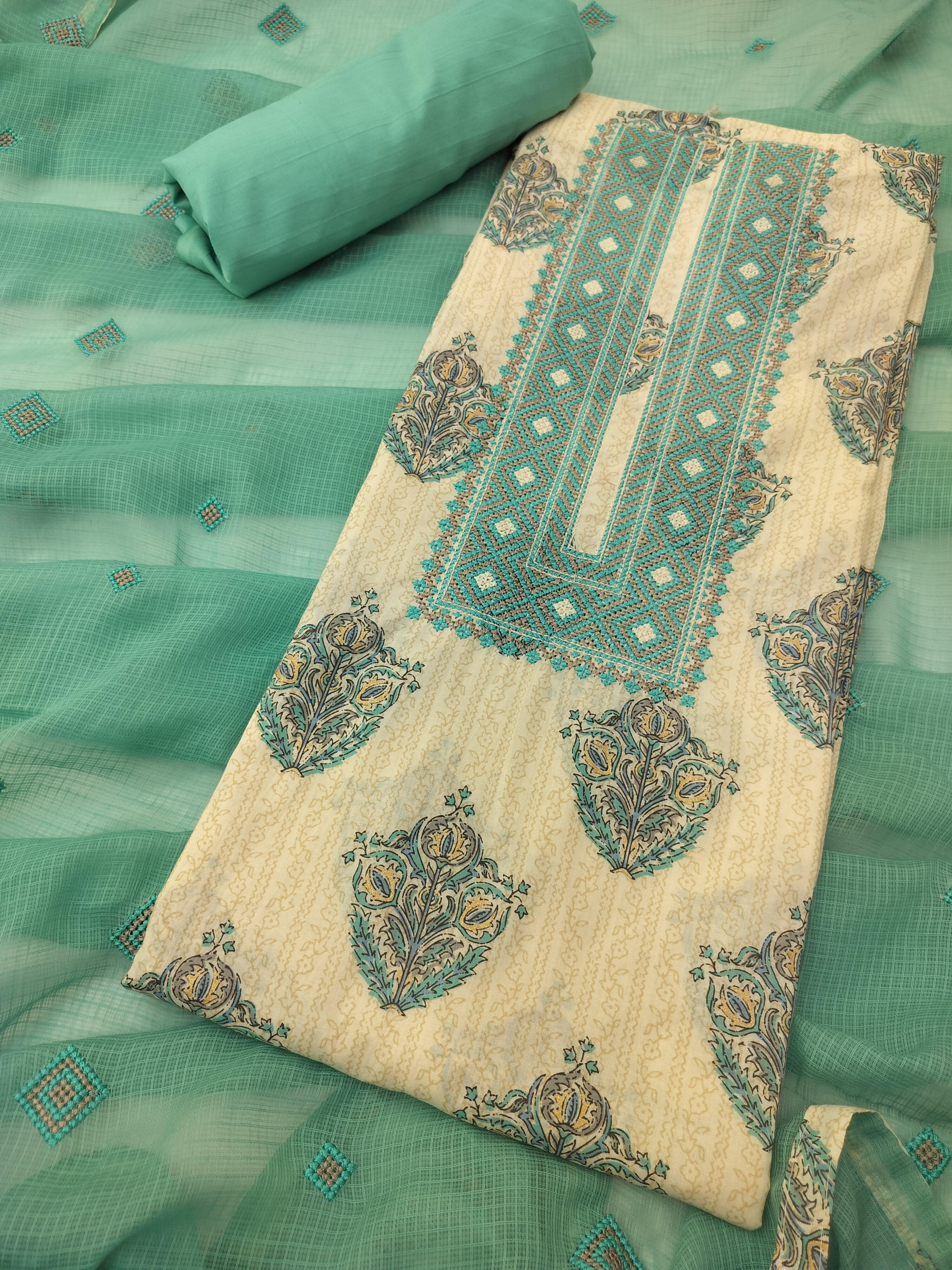 Elegant Pure Cotton Suit with Thread Work & Kota Doria Dupatta