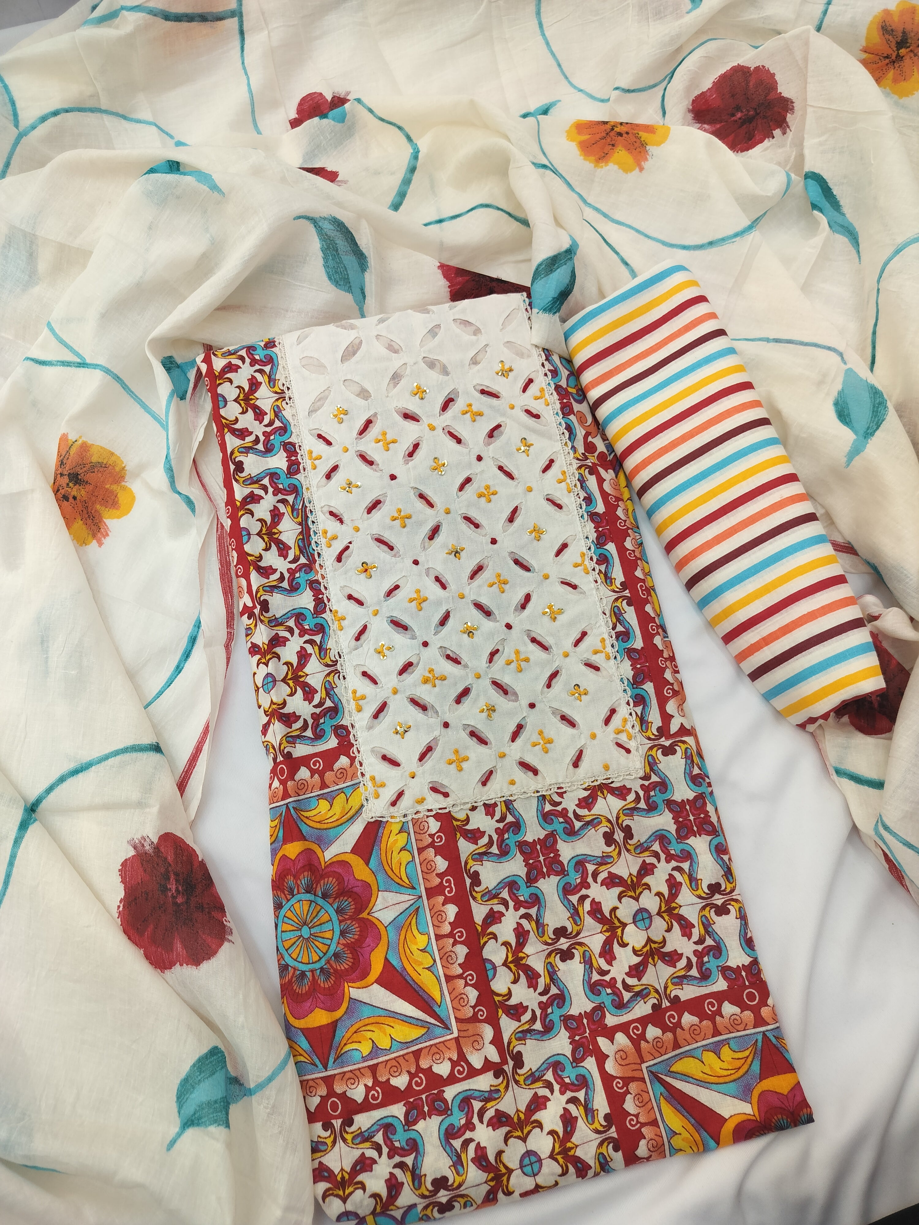 Elegant Pure Cotton Suit with Applique & Thread Work Neckline