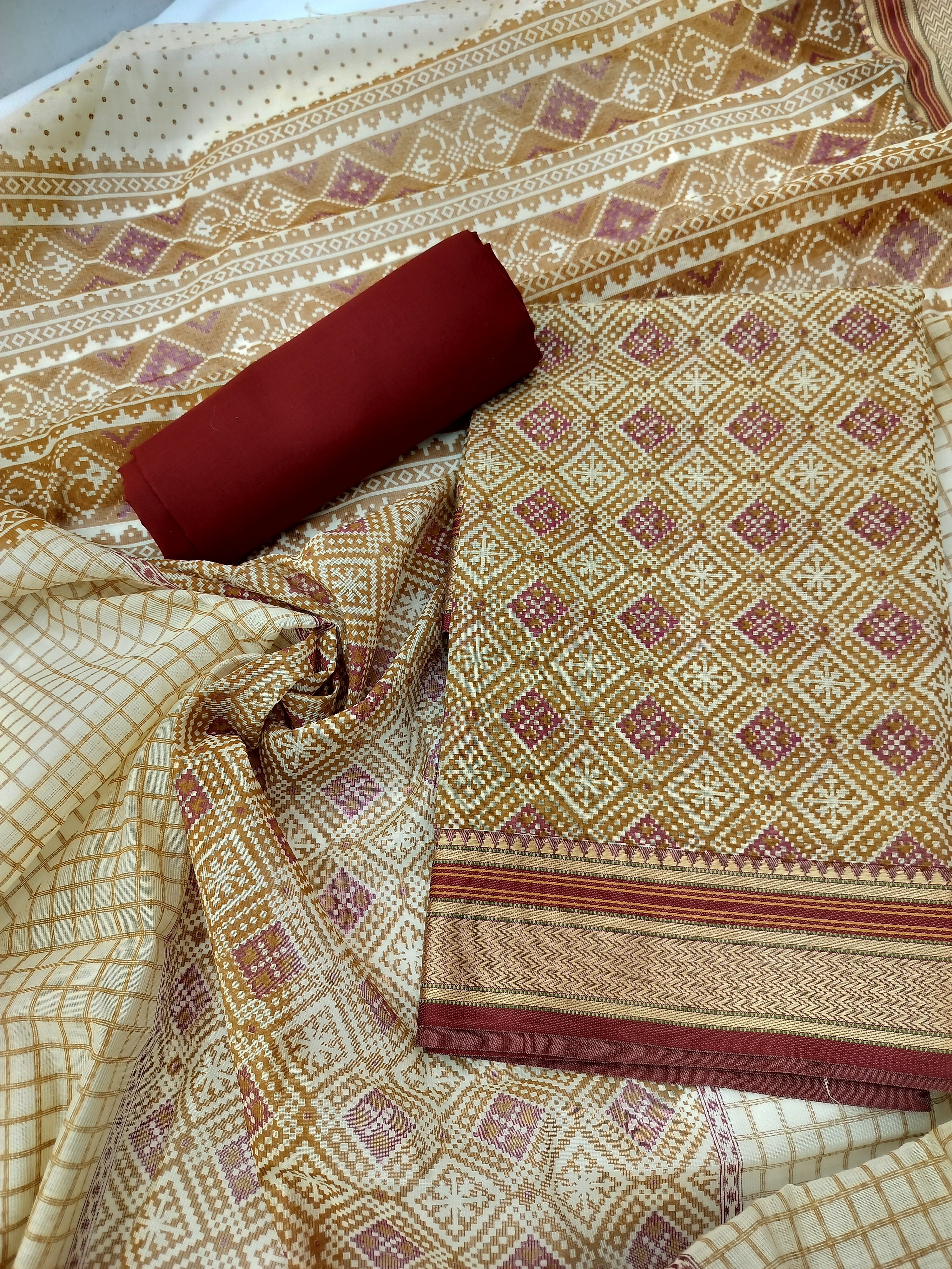 Graceful Pure Kota Silk Suit with Patola Border and Mehroon Cambric Bottom