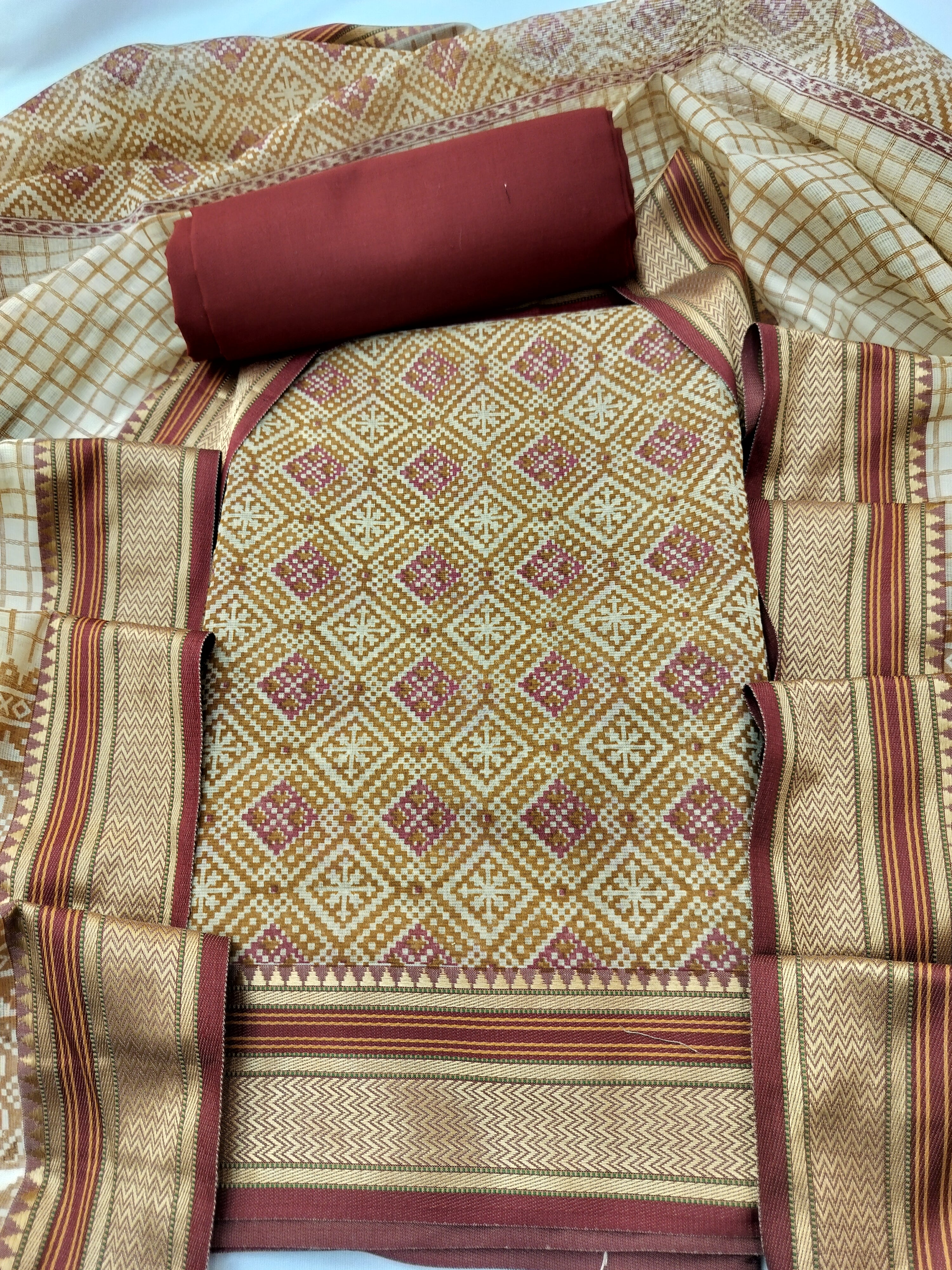 Graceful Pure Kota Silk Suit with Patola Border and Mehroon Cambric Bottom