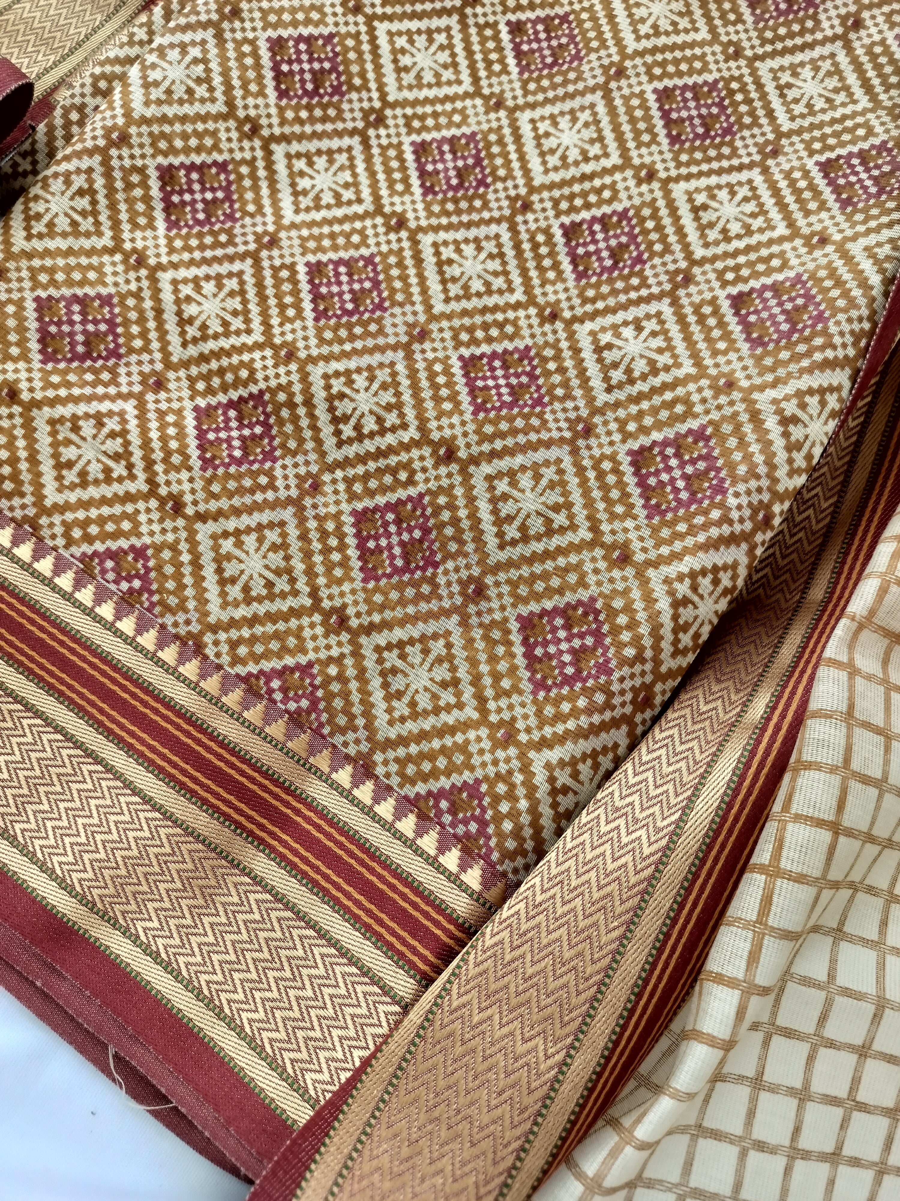 Graceful Pure Kota Silk Suit with Patola Border and Mehroon Cambric Bottom