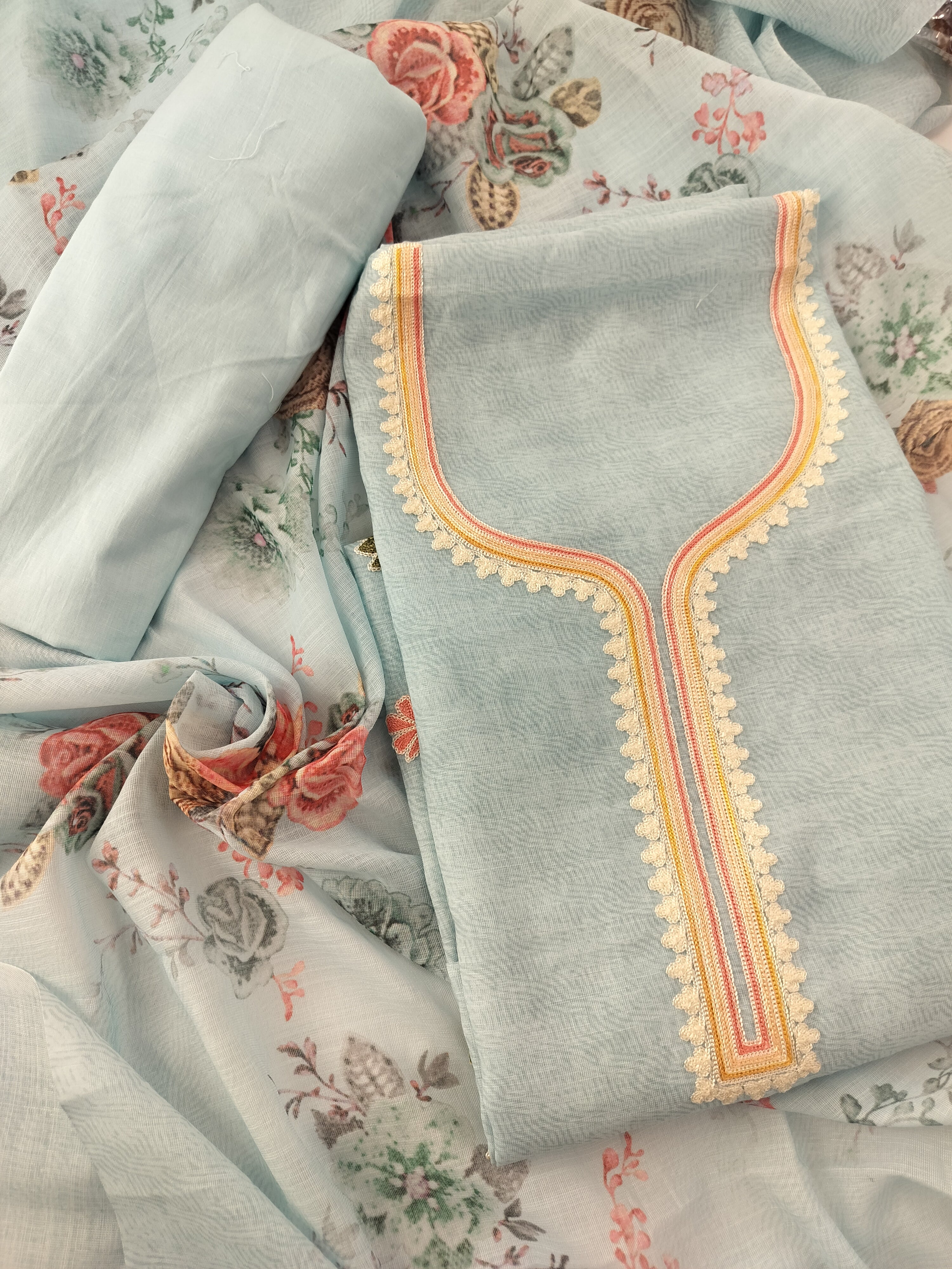 Elegant Off-White Beige Pure Kota Silk Suit with Patola Border & Cambric Bottom