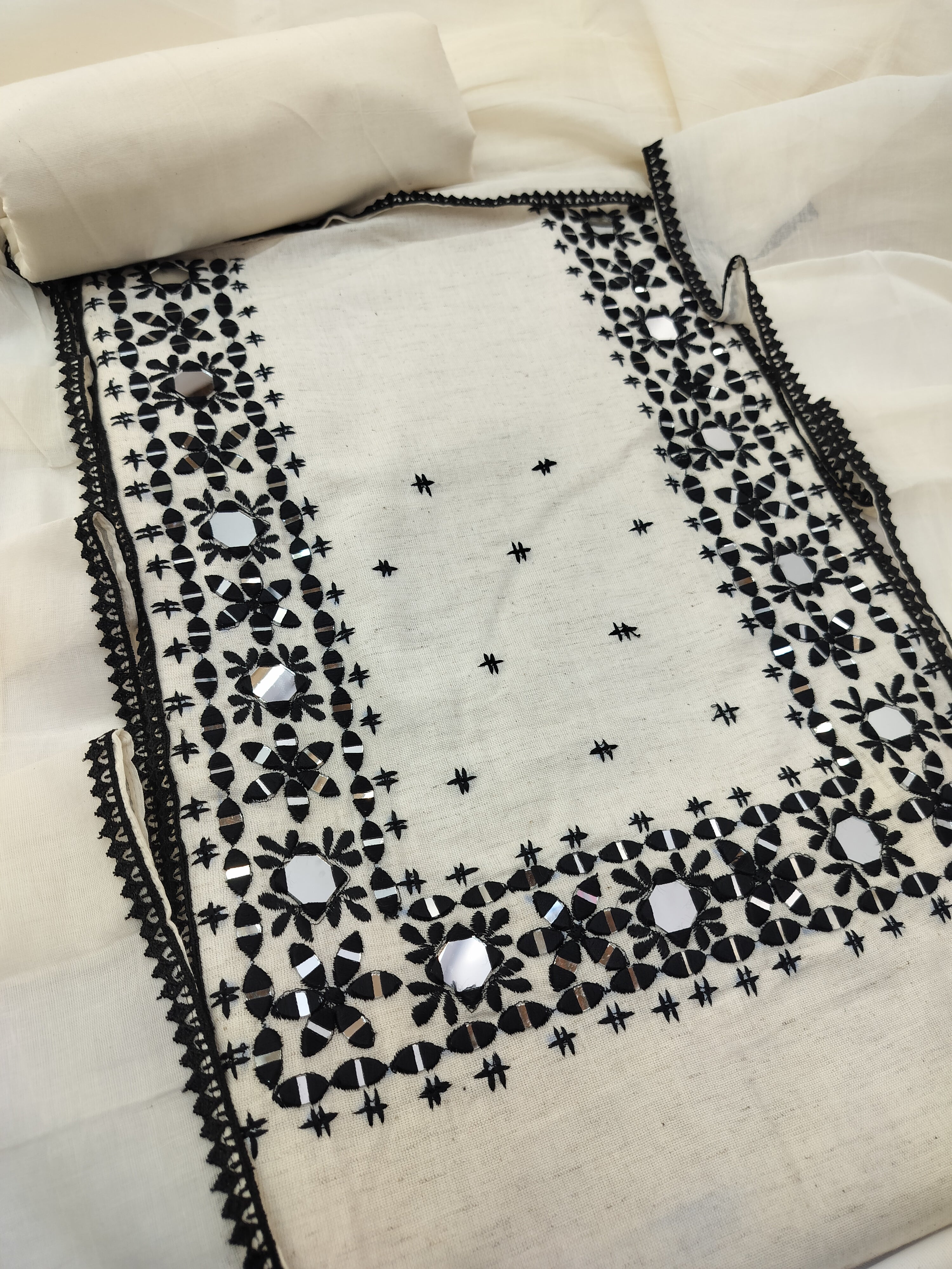 Elegant Handloom Cotton Suit with Mirror & Thread Embroidery.