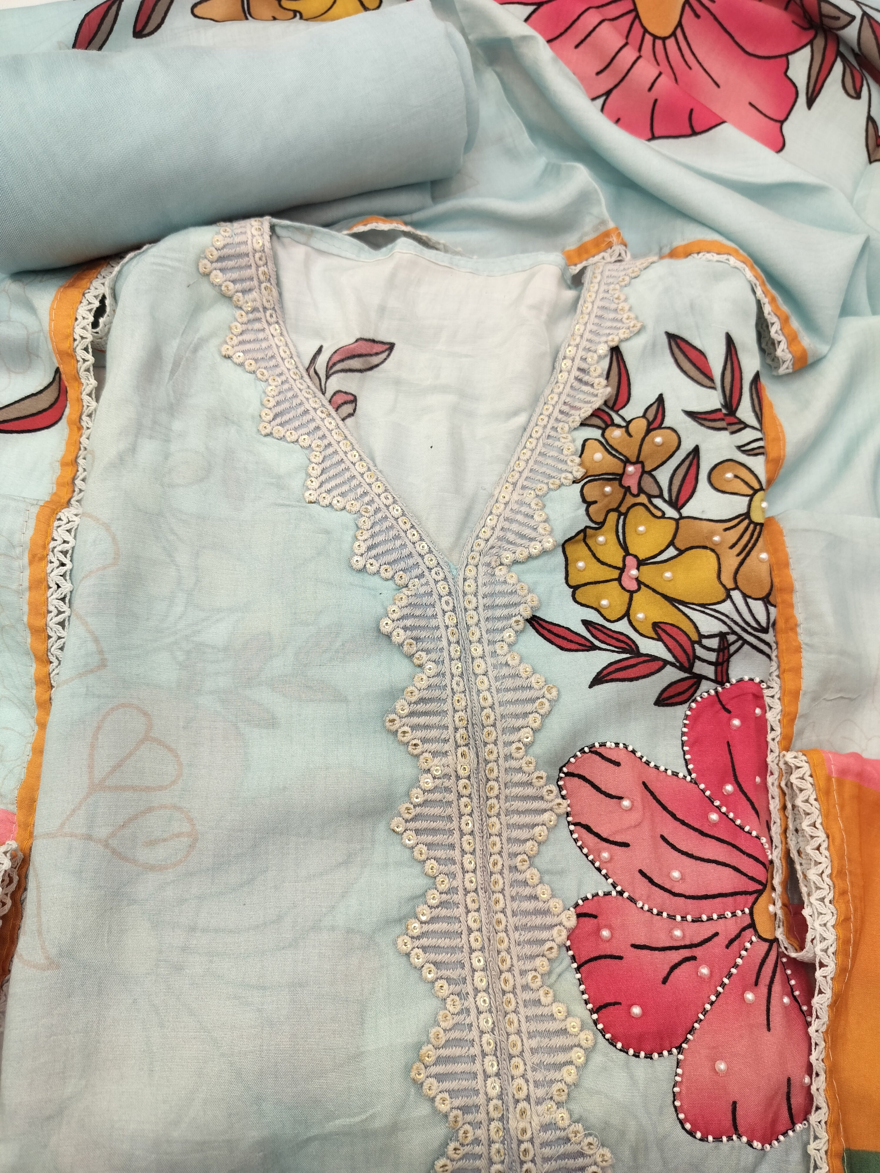 Elegant Pure Muslin Digital Print Suit with Sequin Work & Black Shantoon Bottom