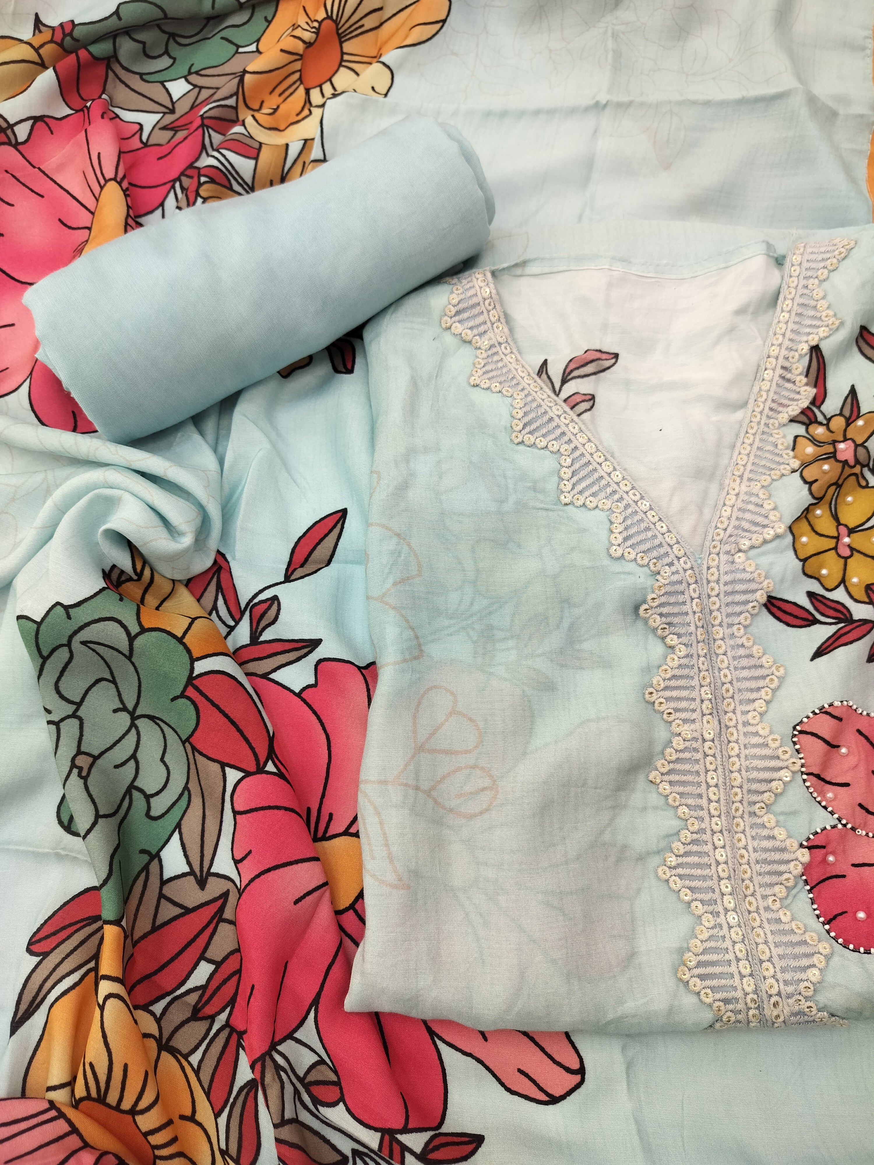 Elegant Pure Muslin Digital Print Suit with Sequin Work & Black Shantoon Bottom