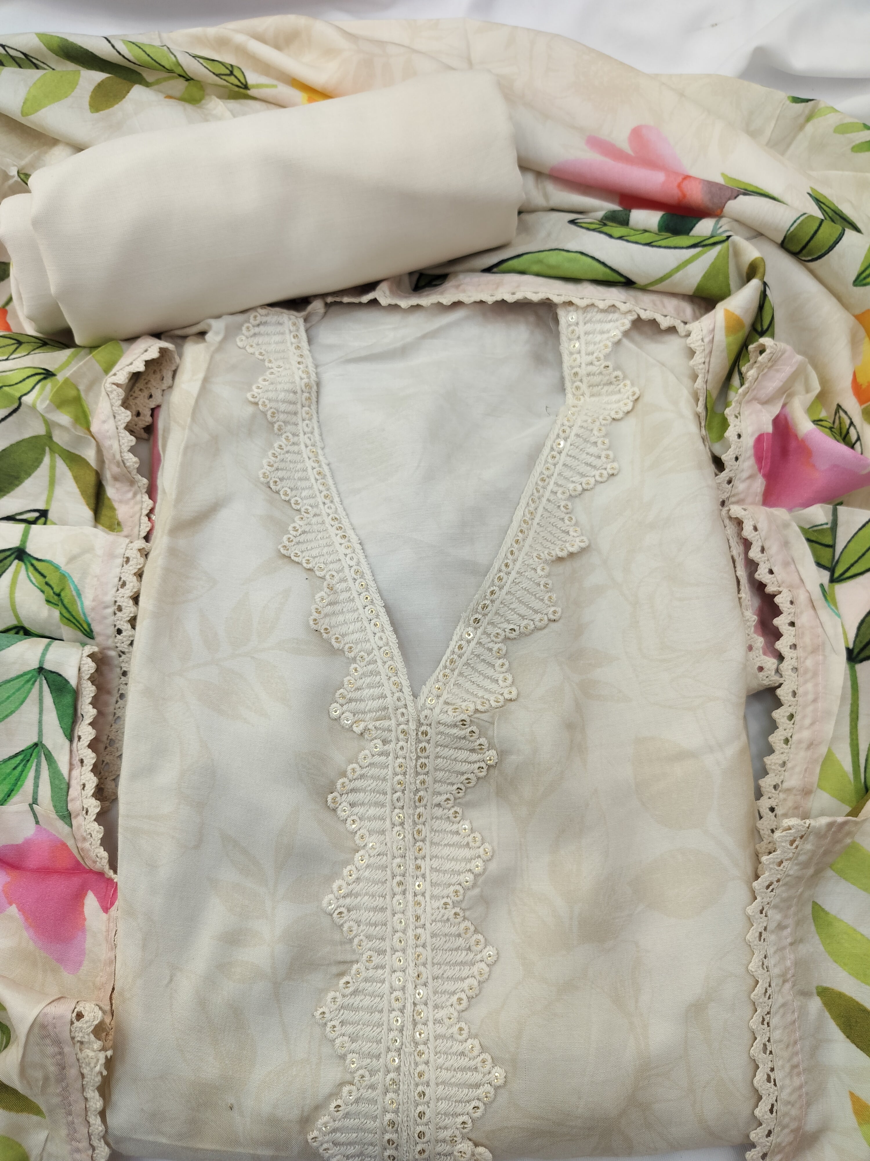 Elegant Pure Muslin Digital Print Suit with Sequin Work & Black Shantoon Bottom