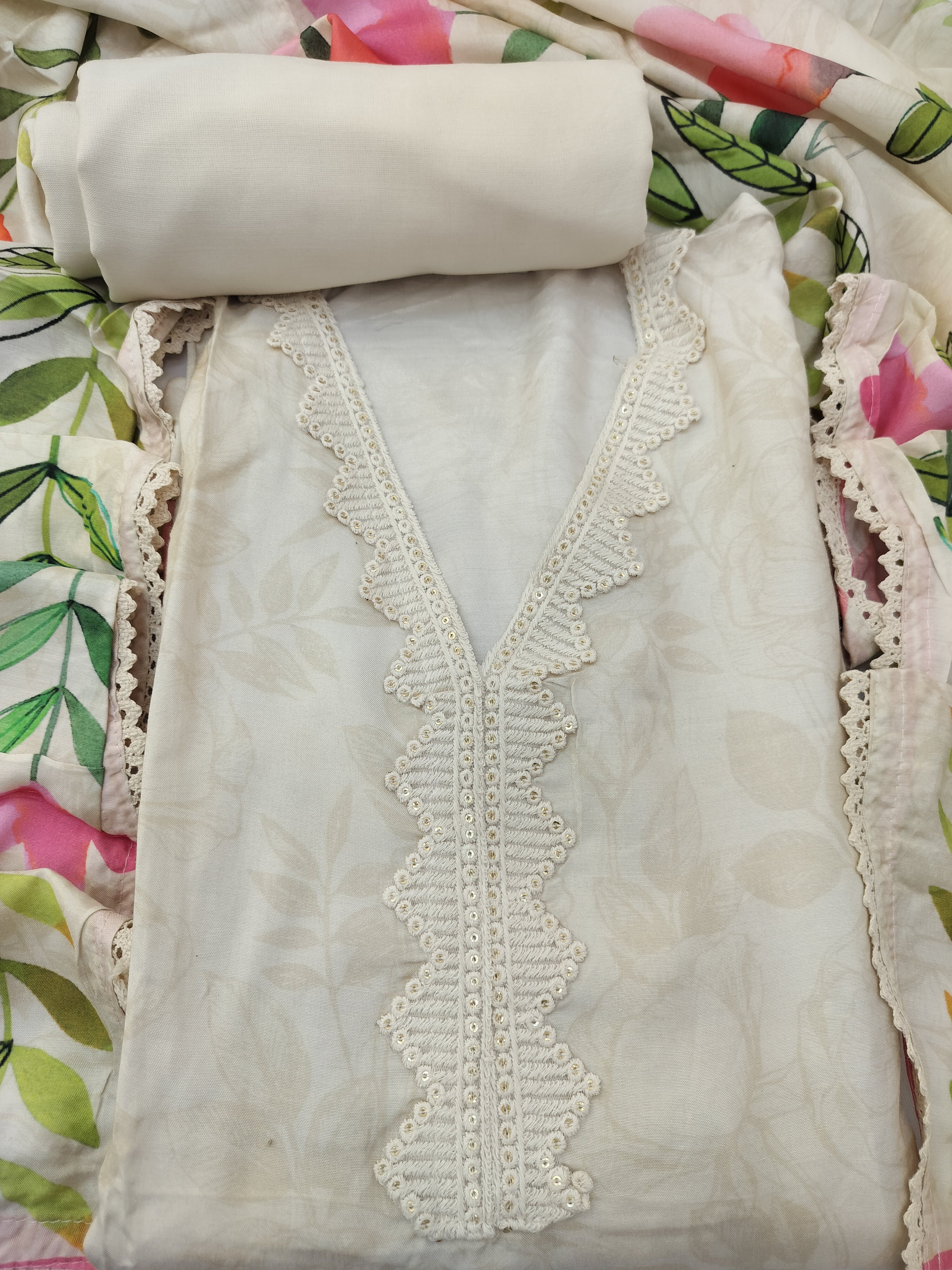 Elegant Pure Muslin Digital Print Suit with Sequin Work & Black Shantoon Bottom