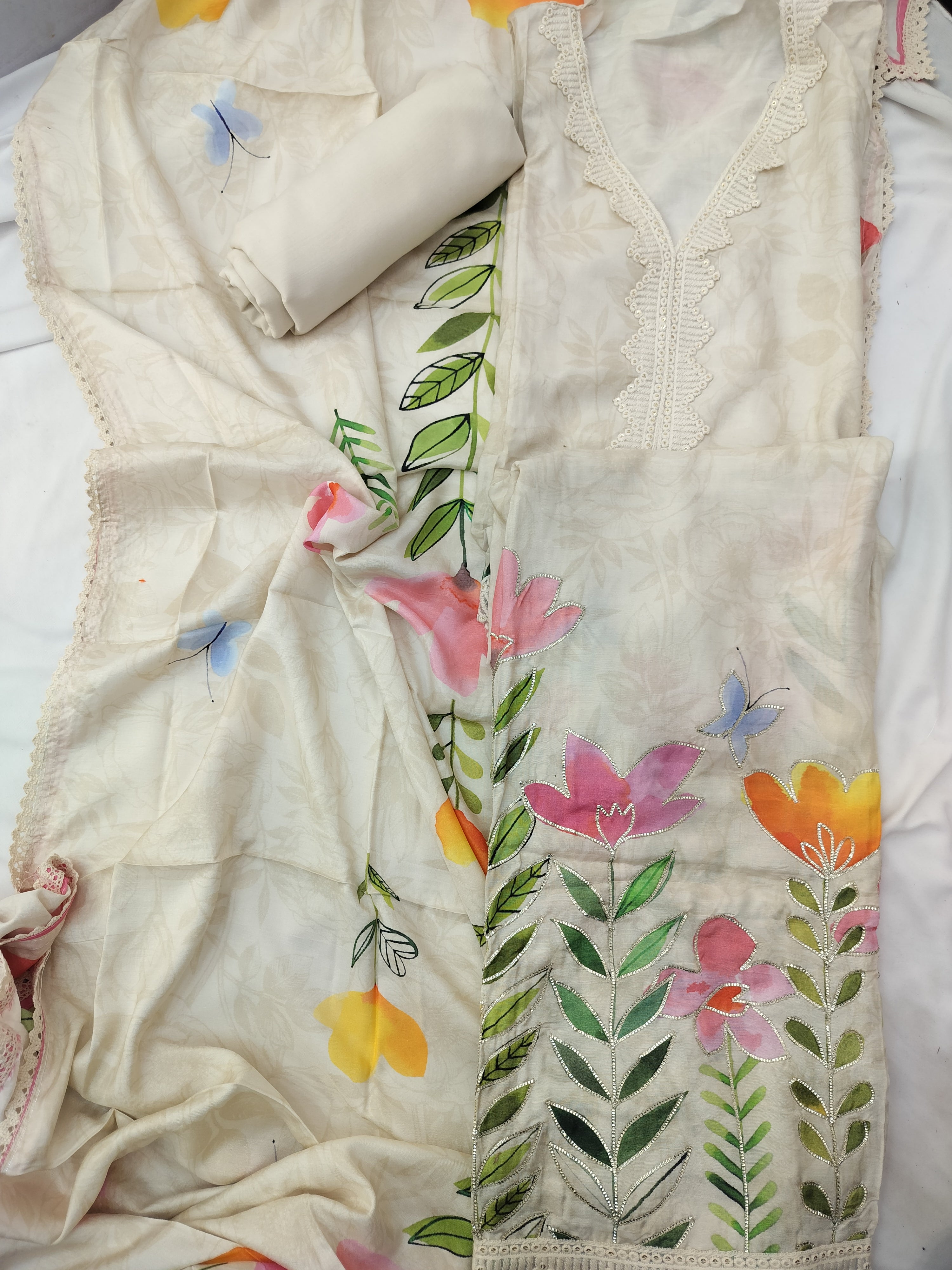 Elegant Pure Muslin Suit with Digital Print and Gota Work